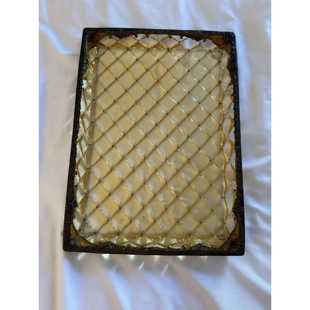Quilted Pattern Bronze Tray Gold Brown Art Nouveau Vintage Inspired Amber Lucite